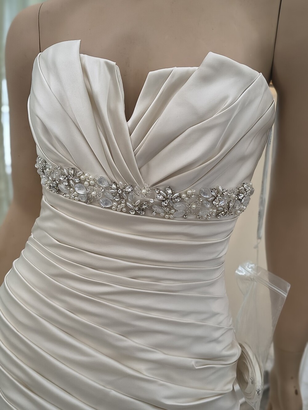NWT Sophia Tolli Strapless Cream Satin Ruched Gown with Beaded Waist - Picture 13 of 16